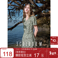 三彩2025秋季新款V領(lǐng)碎花茶歇裙短袖印花連衣裙度假法式長(cháng)裙M