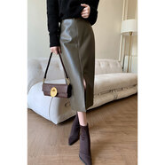 OLOEY國際一線(xiàn)品牌灰綠色高腰直筒皮裙 通勤風(fēng)開(kāi)叉中長(cháng)裙 灰綠色 S