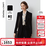 朗姿法式復古絲絨戧駁領(lǐng)黑色西裝外套女冬季新款通勤西服上衣 夜幕黑色 XL