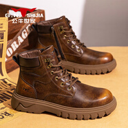 公牛世家【可選加絨款】男靴秋冬季馬丁靴男高幫鞋男復古皮靴子男工裝鞋男 古銅色GN251Y058 40