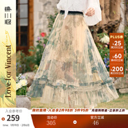 兩三事梵高文藝 花影入墨 2025春季新款甜美印花透視網(wǎng)紗半身裙 花色 S