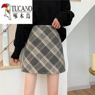 啄木鳥(niǎo)（TUCANO）半身裙毛呢包臀裙秋冬女百搭顯瘦甜美鹽系格子A字短裙高腰半身裙 灰色 自帶安全褲 XL