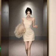 敲言矜貴絕美千金感氣質(zhì)蕾絲拼接斜肩洋裝女新款時(shí)尚百搭短裙子 米杏色 M