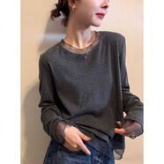 嘗居名佳怡服飾拼接網(wǎng)紗領(lǐng)打底衫秋冬女士長(cháng)袖T恤顯瘦洋氣上衣 灰色 L 【建議101-120斤】