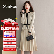 Markos國際品牌針織連衣裙女秋冬成熟溫柔風(fēng)小個(gè)子毛衣褶皺半身裙兩件套 米色 M