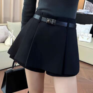 歐洲站2025秋冬款黑色高腰顯瘦毛呢A字裙褲短褲百褶短裙半身裙女 黑色 M M80-100斤