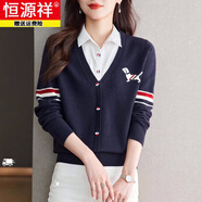 恒源祥新款針織假兩件上衣女長(cháng)袖2025春秋冬條紋拼色襯衫領(lǐng)毛衣打底衫女 上青 厚款 L 【體重105-120斤】