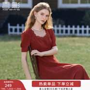 香影輕奢高級感酒紅色連衣裙女2025夏裝新款泡泡袖蕾絲邊方領(lǐng)長(cháng)裙 大紅 S 155/80A/85-95斤