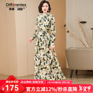 帝弗·潤馳2025秋裝新款高級感法式印花連衣裙長(cháng)款修身及踝綁帶長(cháng)裙 綠色 L