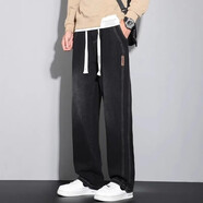 美特斯邦威（Meters Bonwe）牛仔褲男士加絨加厚寬松百搭休閑直筒褲美式復古松緊腰闊腿長(cháng)褲子 311黑色_ 常規 M _90-110斤