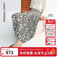 朗姿法式設計感復古碎花藝術(shù)感細褶半身裙垂墜感印花2025年夏季 黑色 L