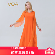VOA100%真絲30姆米重磅飛飛袖下擺開(kāi)叉撞料拼接桑蠶絲連衣裙 AE1013 向日橙（C05） M