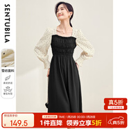 尚都比拉復古輕法式浪漫唯美仙女裙拼接收腰顯瘦顯高挑雪紡長(cháng)袖連衣裙 黑拼杏色 L