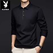 花花公子（PLAYBOY）長(cháng)袖t恤男士秋冬新款加絨打底衫感休閑商務(wù)翻領(lǐng)polo衫男 1106黑色 M 建議100-120斤 