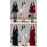 RICH IN CHEESE舒胡蕾 蕾絲月光 溫柔宴會(huì )風(fēng)蕾絲拼接連衣裙女冬針織收腰內搭長(cháng)裙 黑色長(cháng)裙 L 110-120斤