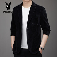 花花公子（PLAYBOY）休閑西服針織外套男春秋商務(wù)修身燈芯絨西裝通勤百搭時(shí)尚夾克上衣 黑色 M