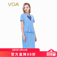 VOA36姆米蠶絲重磅立領(lǐng)提花拼接短袖收腰假兩件職業(yè)裝連衣裙 A82 流光蔚藍（Q82） S