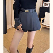 歐洲站2025秋冬款黑色高腰顯瘦毛呢A字裙褲短褲百褶短裙半身裙女 灰色 M M80-100斤