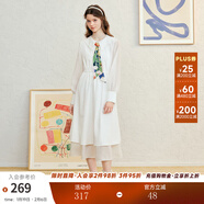 兩三事快樂(lè )瞬息 2025春季新款文藝風(fēng)印花領(lǐng)帶雙層裙擺連衣裙 米白色 M