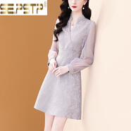 皮爾卡丹高端名媛氣質(zhì)提花連衣裙春秋2025新款V領(lǐng)釘珠鑲鉆顯瘦感裙子 淺紫色 L 建議105-115斤