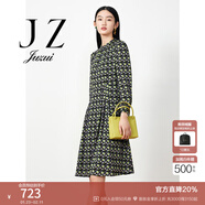 玖姿（JUZUI）商場(chǎng)同款幾何女裝春款仿真絲襯衫連衣裙JWDC50058 花黑 3XL