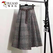 啄木鳥(niǎo)（TUCANO）大碼毛呢格子半身裙秋冬女a(chǎn)字裙中長(cháng)款不規則高腰加厚長(cháng)裙子傘裙 灰色(送腰帶) M 建議90-120斤