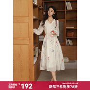 謎秀植物刺繡白色連衣裙2025年秋新品裙子弧形領(lǐng)燈籠袖綁帶收腰長(cháng)裙女 米白色 S