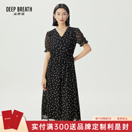 深呼吸DEEP BREATH女裝法式V領(lǐng)網(wǎng)紗彈力松緊腰印花連衣裙A500294 黑 S (2)