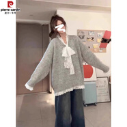 皮爾卡丹（pierre cardin）韓國蕾絲拼接v領(lǐng)秋日女性長(cháng)袖毛衣，慵懶風(fēng)格，小眾，寬松，修身 灰色 S 建議70-95斤
