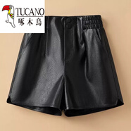 啄木鳥(niǎo)（TUCANO）皮短褲女2024新款秋冬季高腰顯瘦寬松a字PU皮褲百搭女褲外穿靴褲 2251新款 黑色-高品質(zhì) XL 建議/115-125斤