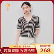 敦奴（DUNNU）dunnu敦奴2024夏季新款V領(lǐng)顯瘦鏤空撞色條紋針織衫女 正黑色 L