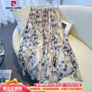皮爾卡丹碎花棉麻半身裙女2025夏季新款大碼胖mm高腰a字不規則大擺百褶裙 藍色 M 85-100斤