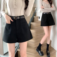 鴻思麟伊（HONGSILINYI）大口袋毛呢短褲女秋冬高腰靴褲百搭闊腿褲寬松顯瘦a字休閑褲外穿 黑色【無(wú)皮帶】 XS