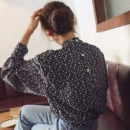韓國chic秋季覆古氣質(zhì)立領(lǐng)后背單排扣設計長(cháng)袖碎花雪紡襯衫上衣女 圖片色 均碼 均碼