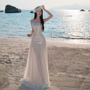 ADTNM海邊度假風(fēng)長(cháng)裙感名媛禮服拖地網(wǎng)紗裙子抹胸亮片無(wú)袖洋裝女 米白色 M