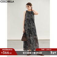 COCOBELLA歐式度假風(fēng)褶裥印花無(wú)袖連衣裙女手工捏褶長(cháng)裙FR3053 墨蘭 L