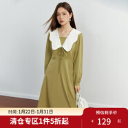 獨束大碼女裝【雙色長(cháng)短款】赫本風(fēng)裙子蝴蝶結娃娃領(lǐng)新款連衣裙秋 芥末黃綠-長(cháng)款 L