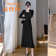 范哲茵針織連衣裙女長(cháng)袖2025秋冬中長(cháng)款過(guò)膝荷葉邊魚(yú)尾包臀打底內搭 黑色 均碼 90-130斤