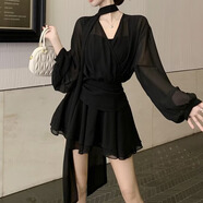 巧丂法式長(cháng)袖襯衫連衣裙女秋季性感百褶雪紡裙胖MM遮肚顯瘦短裙子 黑色 S