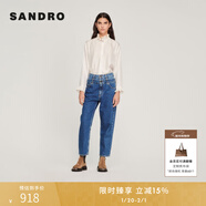 SANDRO秋冬女裝經(jīng)典款法式休閑氣質(zhì)丹寧雙腰拼接藍色長(cháng)款牛仔褲 藍色 36