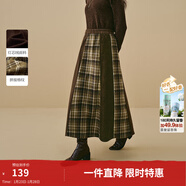 茵曼2025秋冬女裝新款復古燈芯絨拼接格紋半身裙A字毛呢裙子 深咖色 L