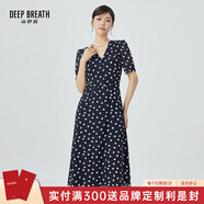 深呼吸DEEP BREATH女裝V領(lǐng)中長(cháng)高腰泡泡袖收腰碎花連衣裙A500197 藏藍-白點(diǎn) M (3)