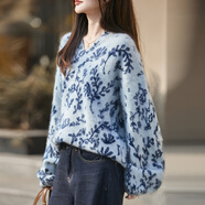 中國風(fēng)青花瓷提花V領(lǐng)拉絨羊絨衫女長(cháng)袖軟糯毛衣大碼羊毛針織上衣 青花 YZRDB-808 均碼