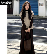 圣保美小香風(fēng)連衣裙女春秋冬季2026新款高級感穿搭針織毛衣馬甲裙子套裝 套裝【燕麥色毛衣+咖色連衣裙】 XL