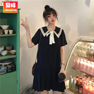 賞峰胖mm寬松大碼夏女裝雪紡娃娃領(lǐng)減齡百褶連衣裙 黑色 4XL 160--180