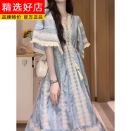 花花公子（PLAYBOY）2025新款大碼女裝波西米亞連衣裙女夏季裙梨形身材長(cháng)裙胖MM遮肚顯 藍色-旗艦款 M 建議90-100斤