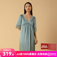 金三塔真絲睡衣女桑蠶絲蕾絲優(yōu)雅短袖連衣裙睡裙居家服 黛青色 M