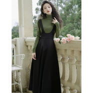 秋冬套裝女款2025新款森女系高領(lǐng)毛衣穿搭赫本風(fēng)背帶小黑裙兩件套 綠色高領(lǐng)衫+背帶裙 S