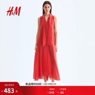 H&M女裝連衣裙2025年秋季新款氣質(zhì)領(lǐng)口系帶歐根紗連衣裙1307342 亮紅色 XS 155/80