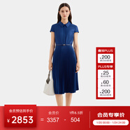 PORTS寶姿女裝春夏新款通勤襯衫領(lǐng)拼接百褶收腰短袖中長(cháng)連衣裙 丈青-2 S (4)